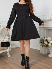  Casual Dress Women's Solid Lace Lantern Sleeve Round Neck Dress