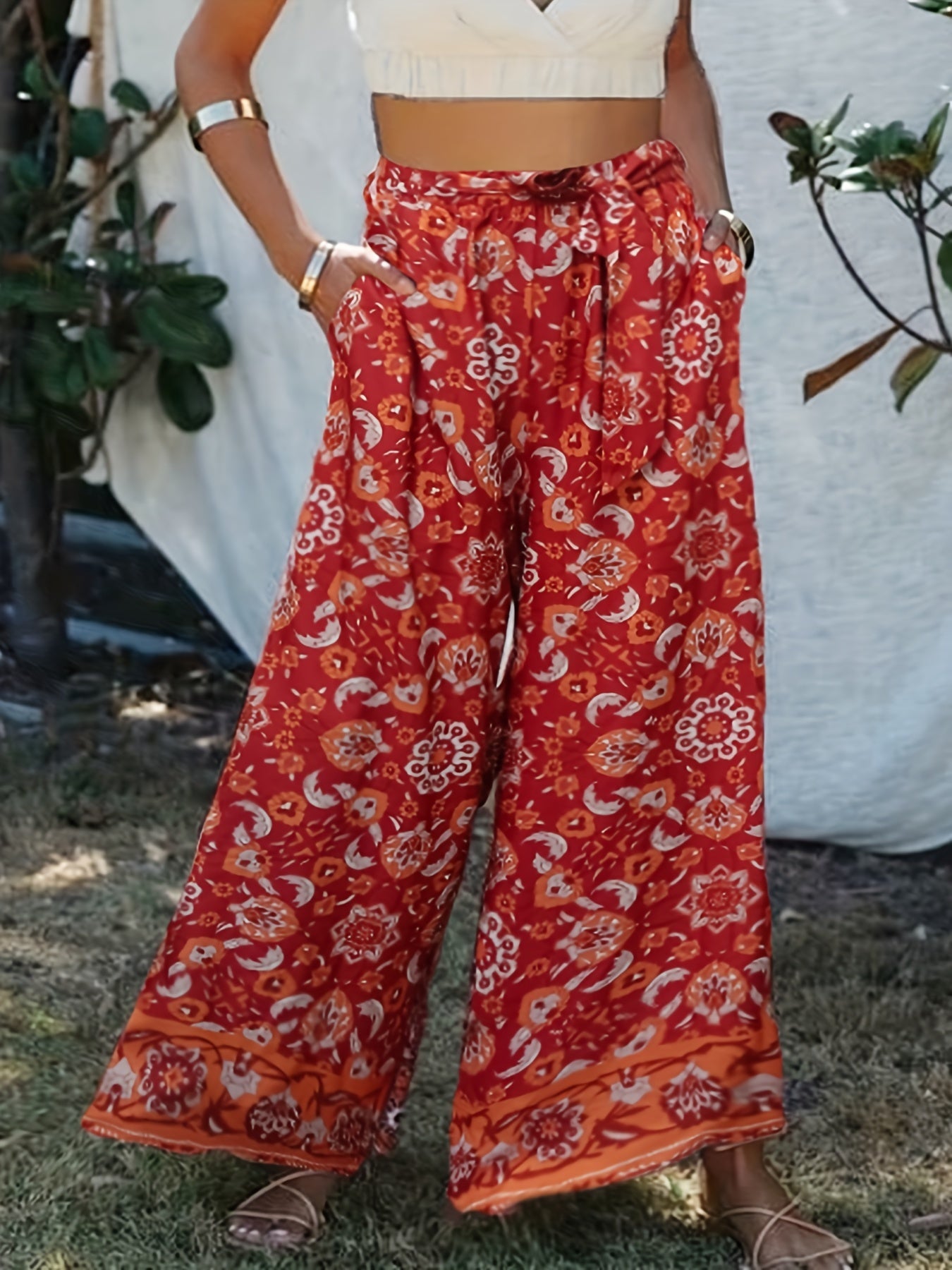  Boho Pants Women's Plus Floral Paisley Print Wide Leg Loose Pants