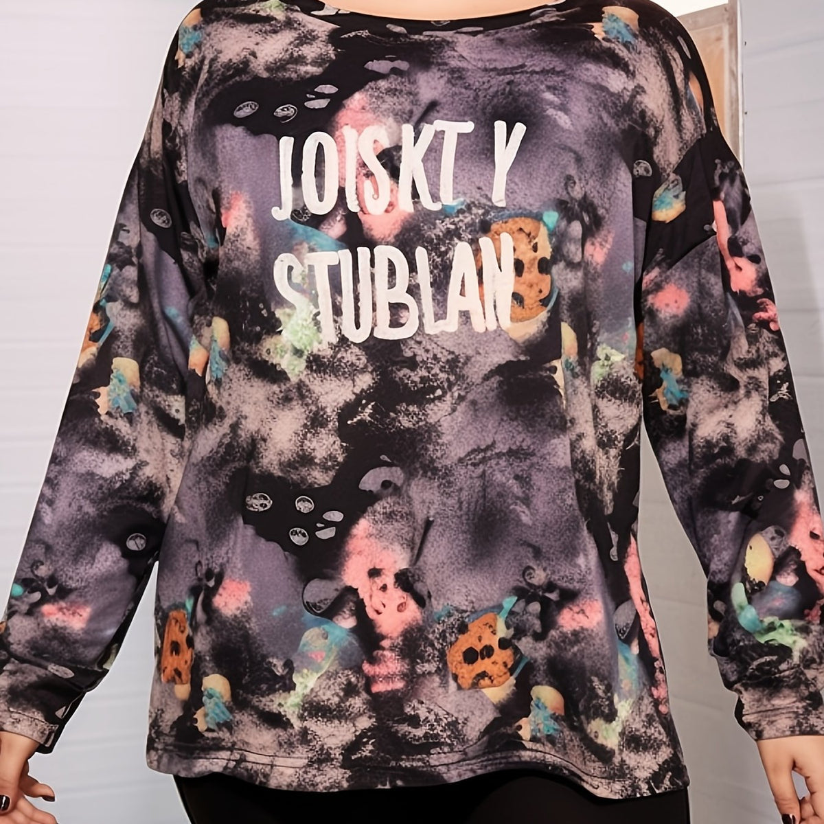  Tie Dye & Letter Print Long Sleeve Crew Neck Tee