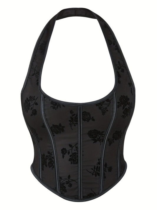 Floral Pattern Bustier Mesh Halter Top for Summer