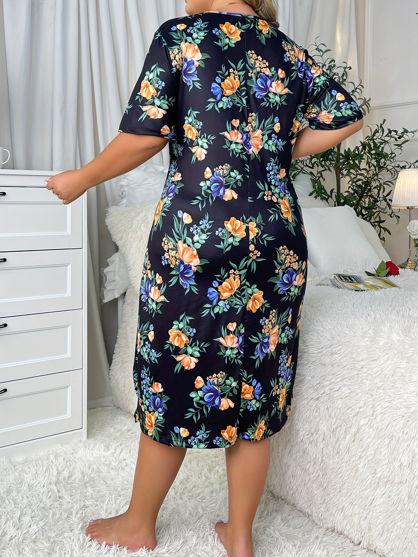  Nightdress Women's Floral Print High Stretch Sleep Dress