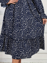 Ditsy Print Ruffle Trim Lantern Sleeve V Neck Midi Dress