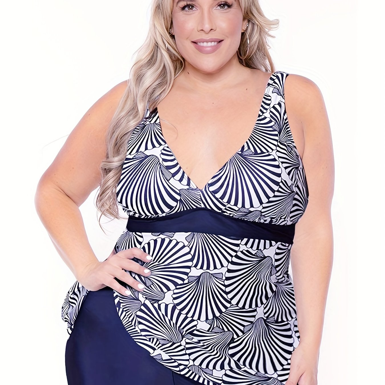 Colorblock Shell Print Bikini Set Women's Plus High Stretch Modest Swi