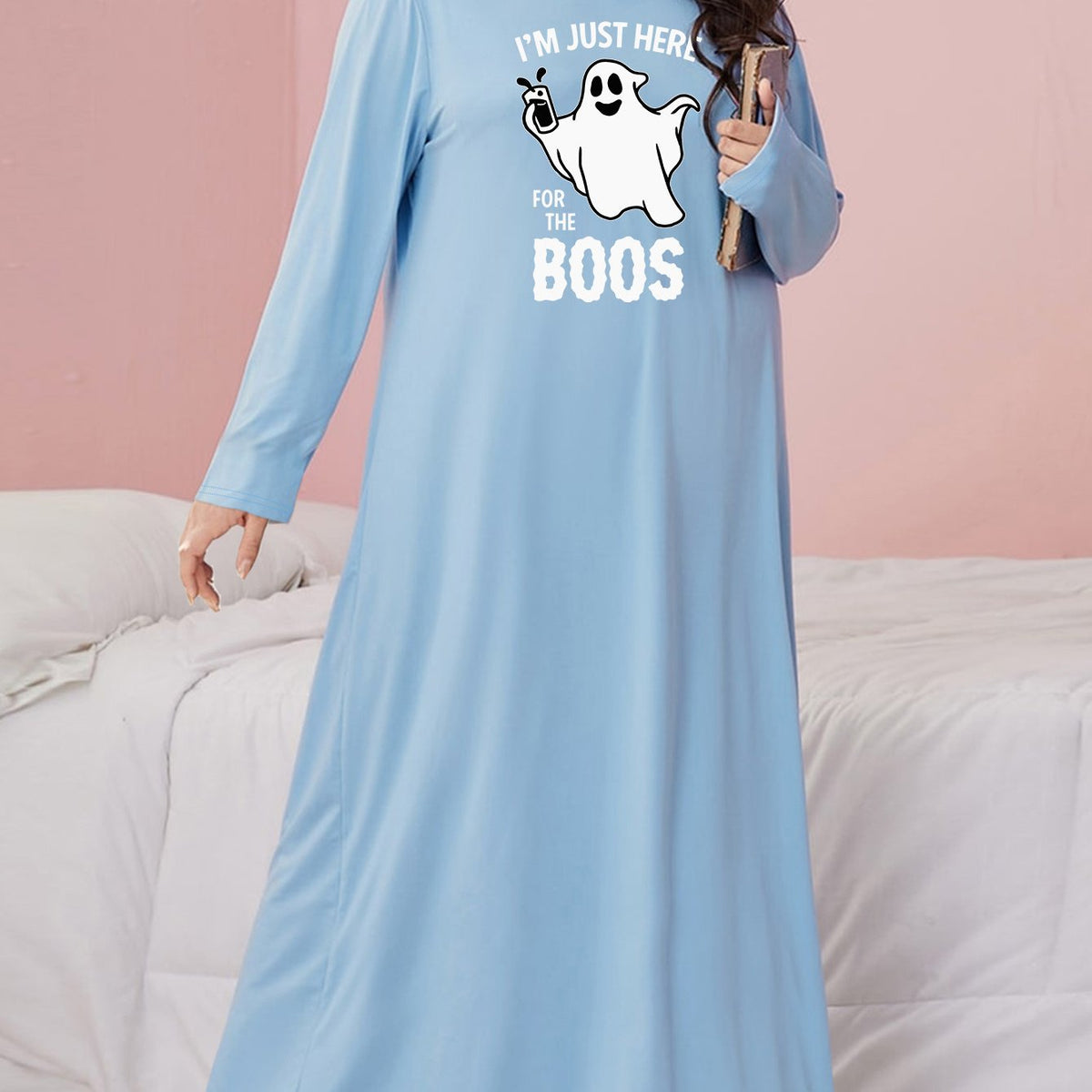Ghost Print Long Sleeve Nightdress Plus Size