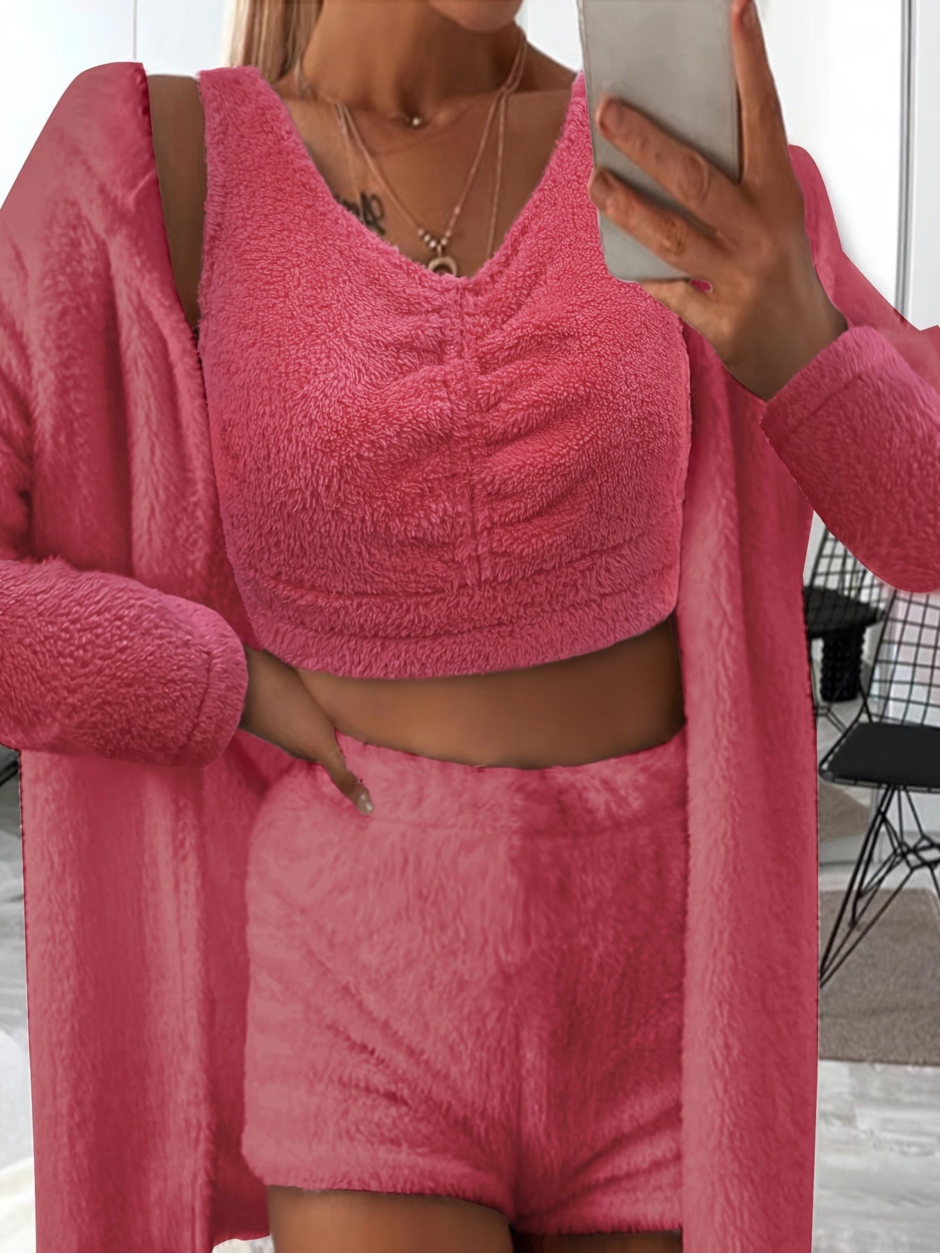  Solid Fuzzy Fleece Cardigan, Tank Top & Shorts Set