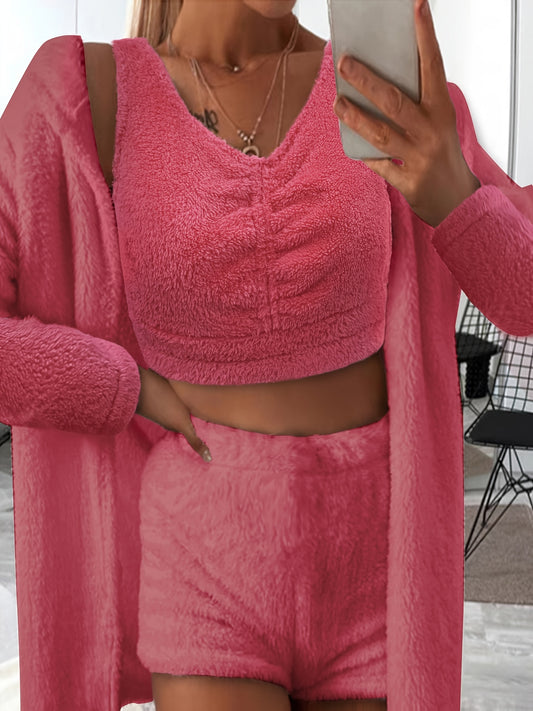  Solid Fuzzy Fleece Cardigan, Tank Top & Shorts Set