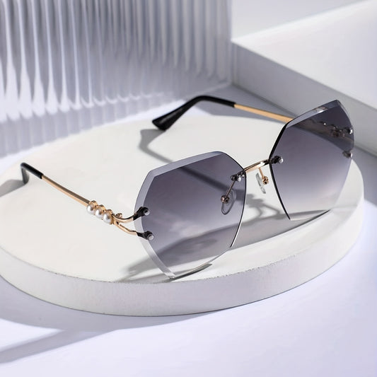 Polygon Sunglasses Women Pearl Rimless UV400 Sun Shades