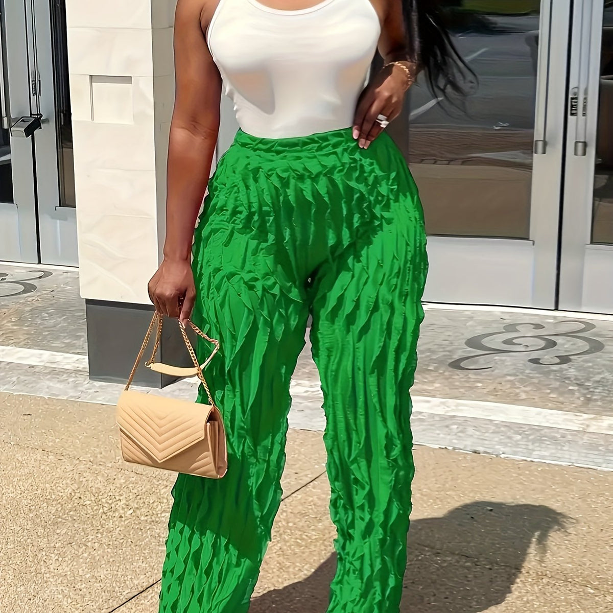  Solid High Rise Wide Leg Ruffle Trim Pants