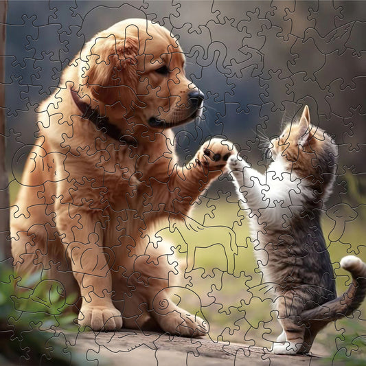 Wooden Puzzle Friendly Dog & Kitten High Five Challenging Plywood Puzzle