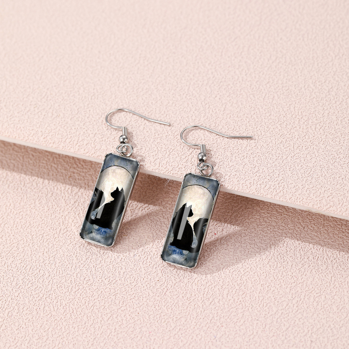 Cat Pattern Rectangle Drop Hook Earrings Jewelry Kitten Animal Party