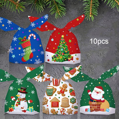 10pcs Christmas Bunny Ears Goodie Bags Snowman Printed