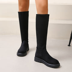 Women's Stretch Knee High Boots Solid Round Toe Pull On Long Boots Comfort