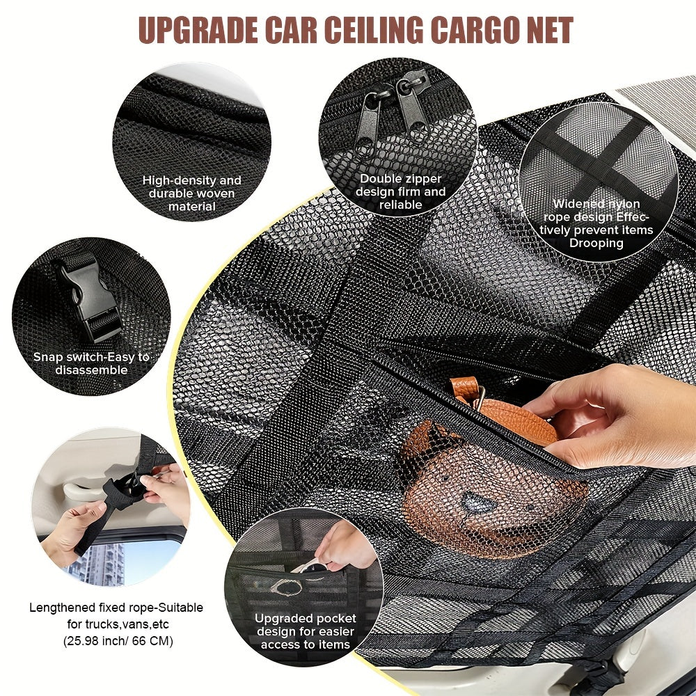 Car Ceiling Cargo Net Pocket Double Layer Mesh Roof Storage Organizer