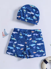 2pcs Boys Shark Print Swim Trunks & Cap Swimsuit Summer Clothes