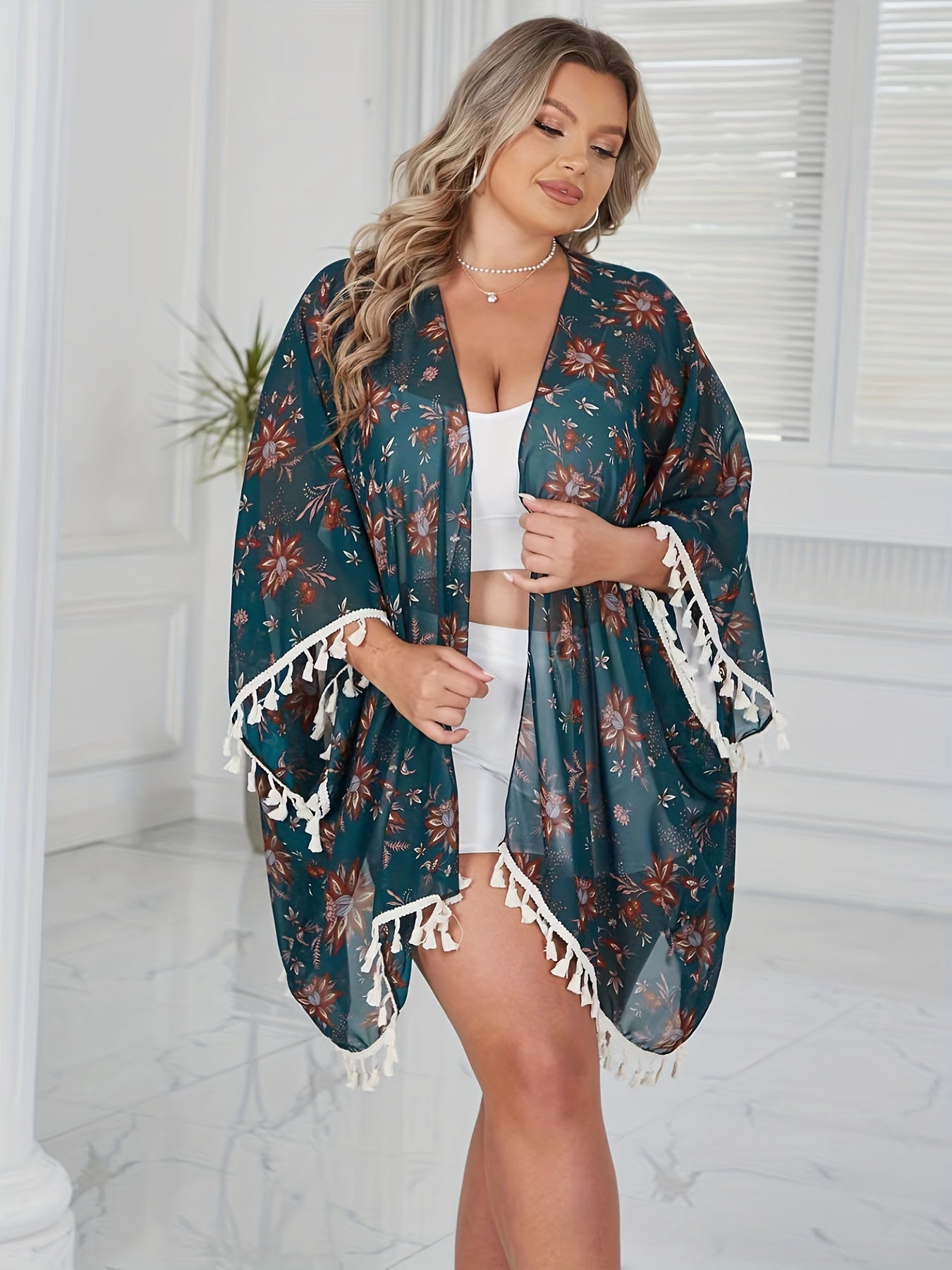  Floral Print Tassel Trim Bat Sleeve Beach Cover Up