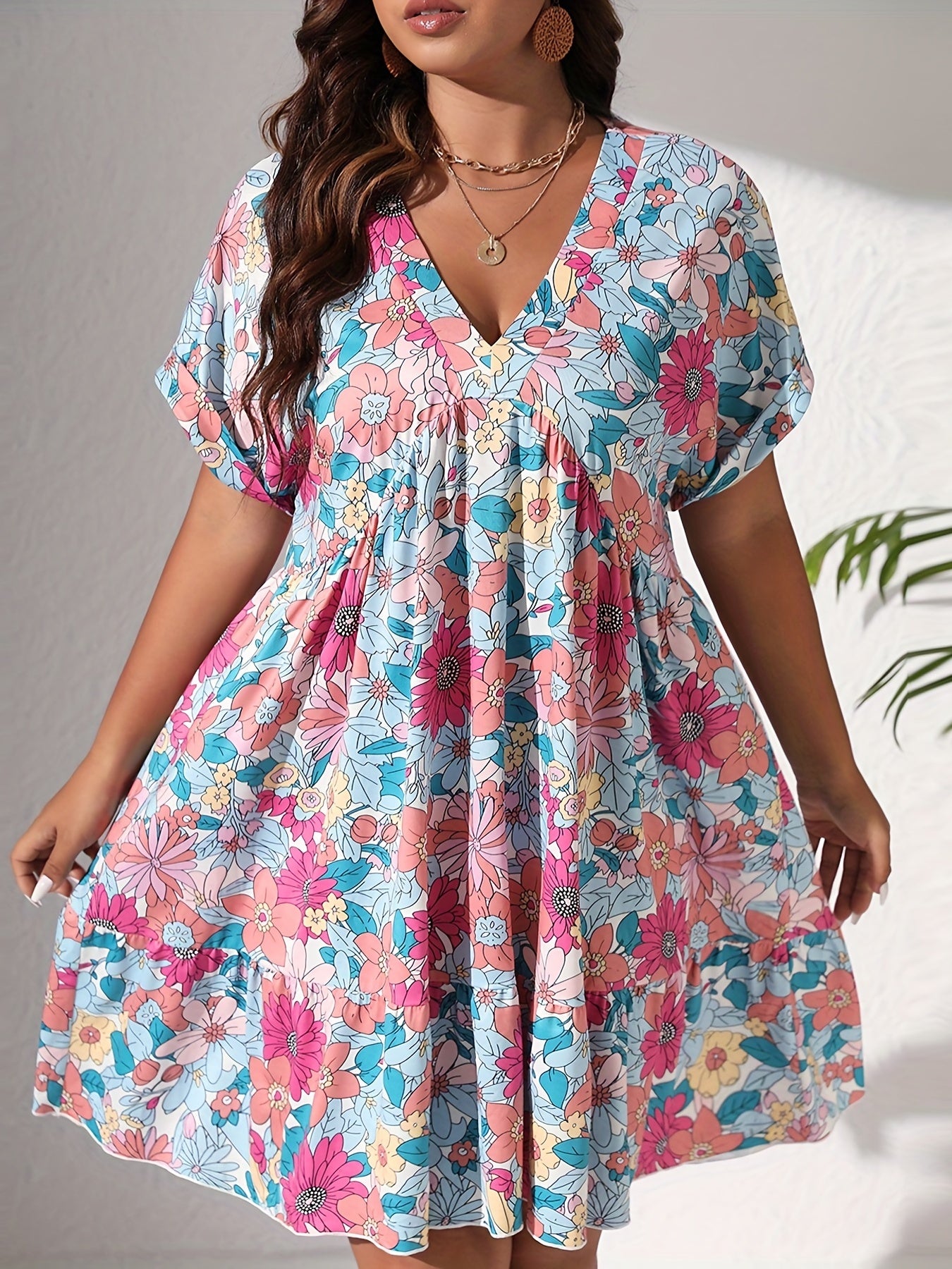  Floral Print V Neck Smock Dress