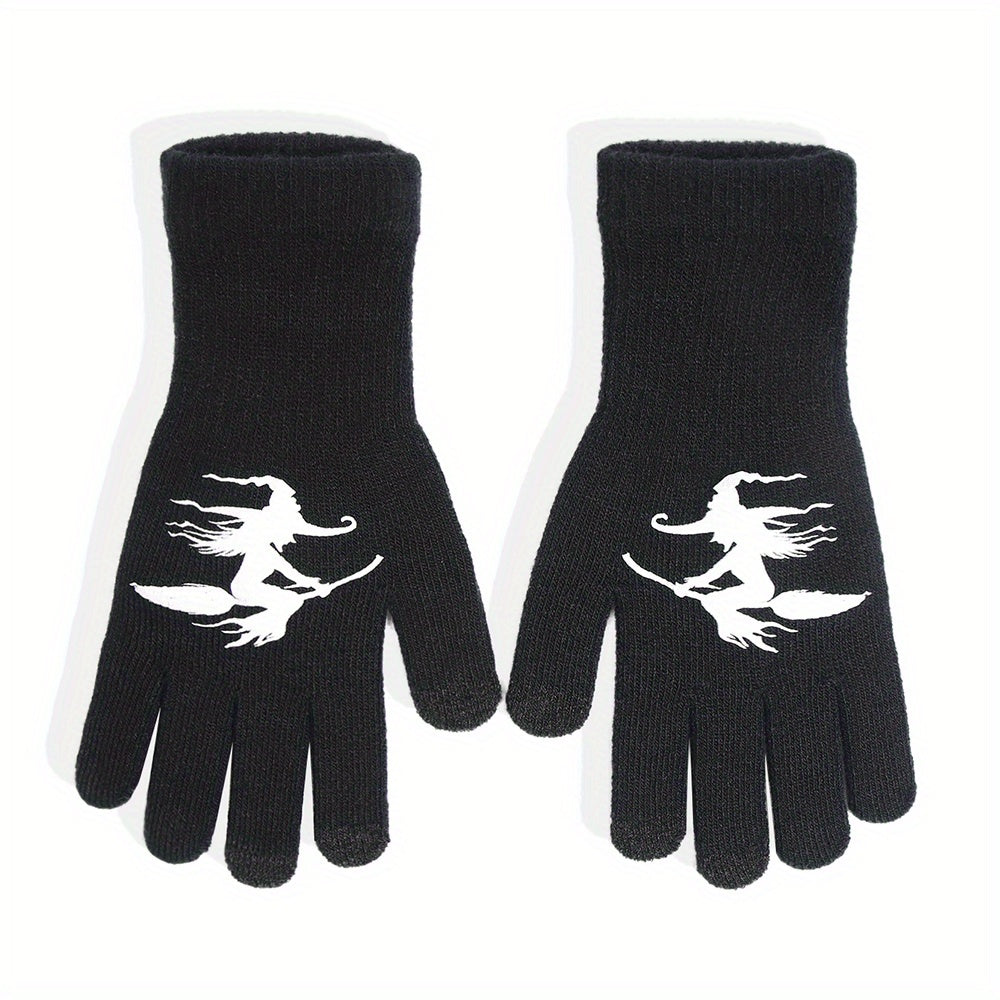 Halloween Witch Touch Screen Knitted Gloves, Windproof Warm Winter Gloves