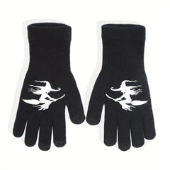 Halloween Witch Touch Screen Knitted Gloves, Windproof Warm Winter Gloves