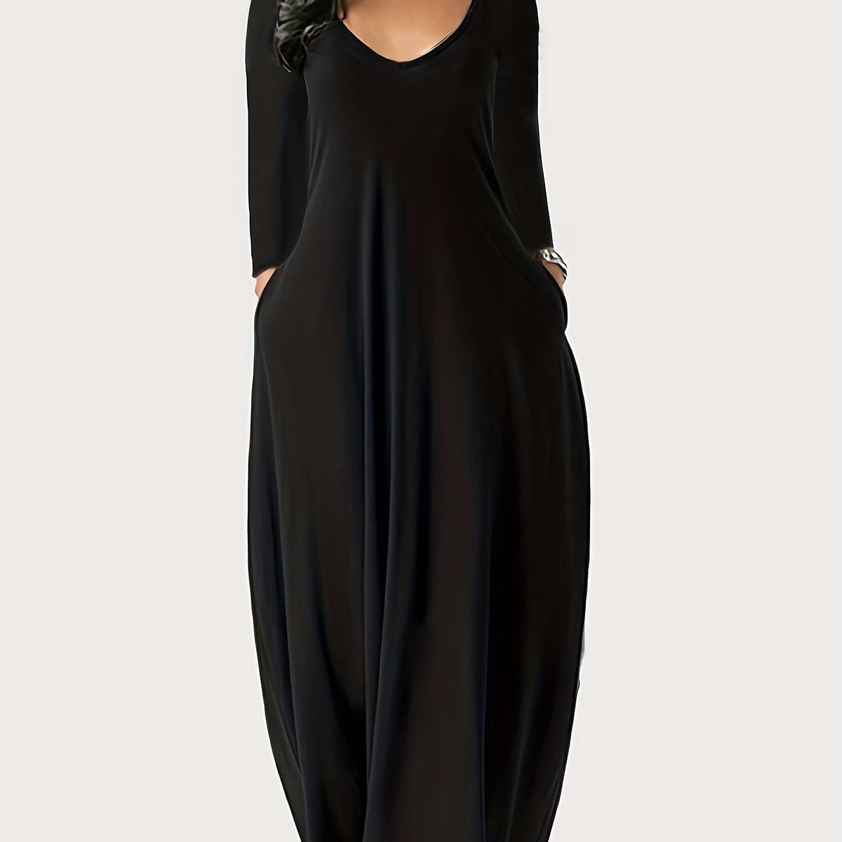  Solid Long Sleeve V Neck Maxi Dress