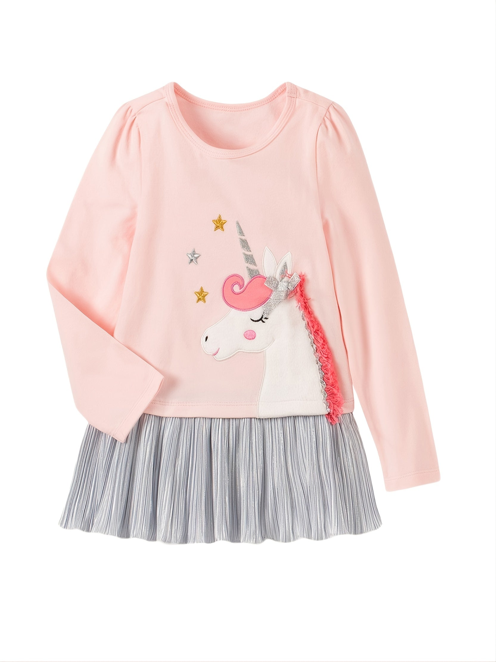 Girls Unicorn Cartoon Print Patchwork Dress
