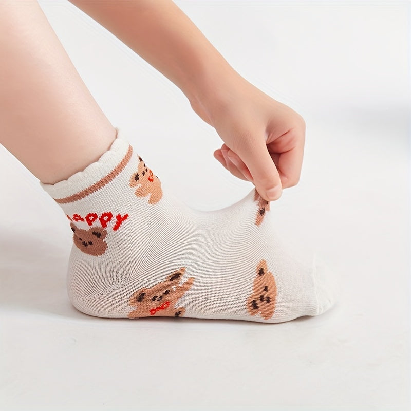 5 Pairs Kids Cartoon Bear Lace Crew Socks For Girls Khaki Short Tube All Season
