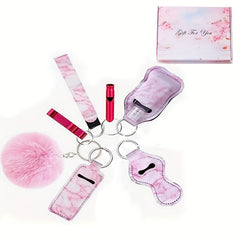 8pcs Safety Keychain Set with Door Opener Bottle Opener Plush Ball Bag Purse Key