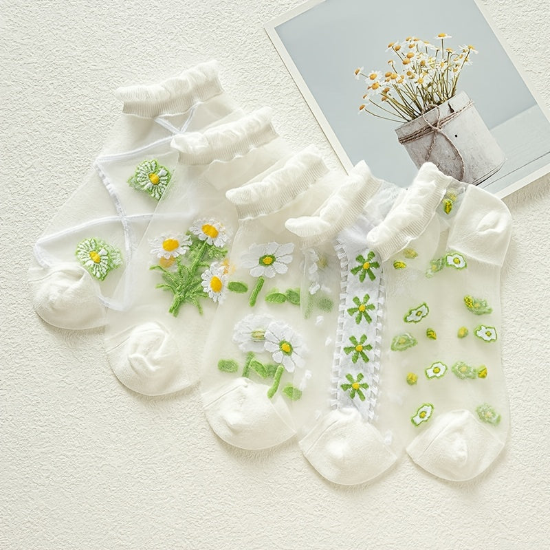 5 Pairs Floral Print Mesh Socks - Ruffle Ankle Stockings
