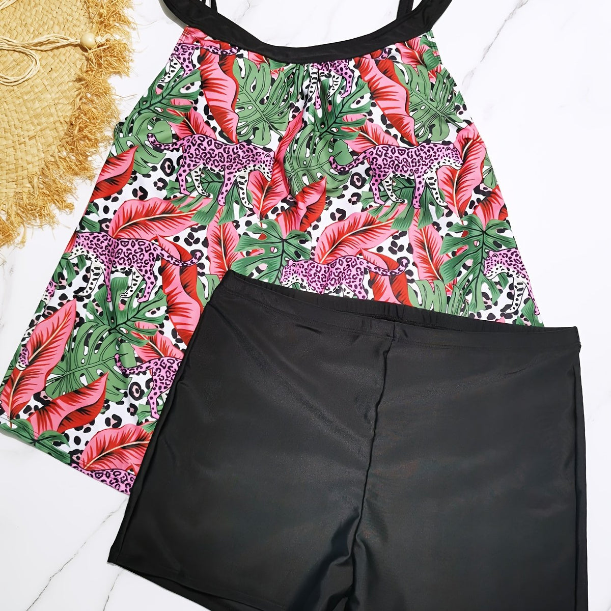  Vacay Tankini Set Leopard & Tropical Print Cami Top & Shorts Swimsuit