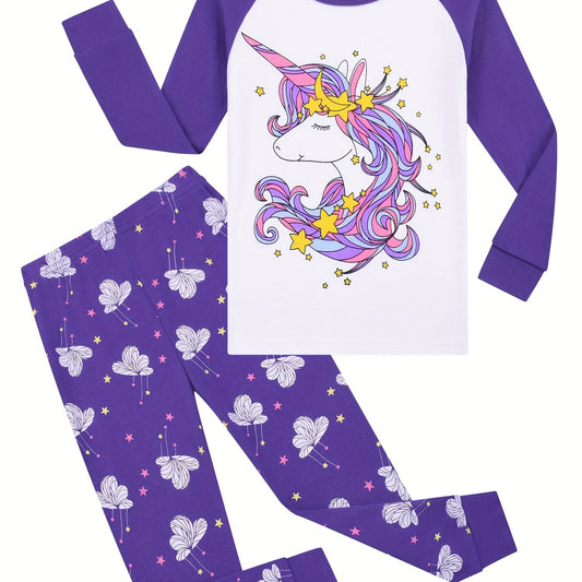 Kid's Unicorn Floral Print 2pc Pajama Set Comfortable Loungewear