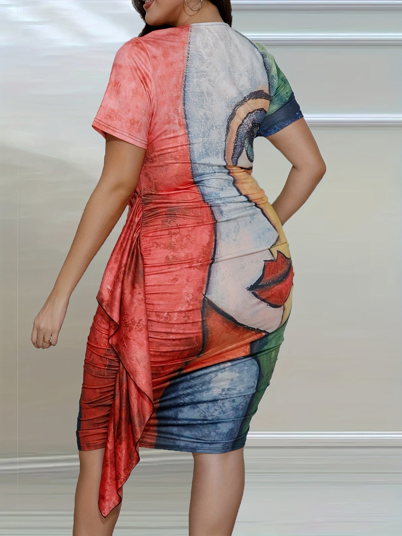  Abstract Figure Print Short Sleeve Ruffle Trim Dress