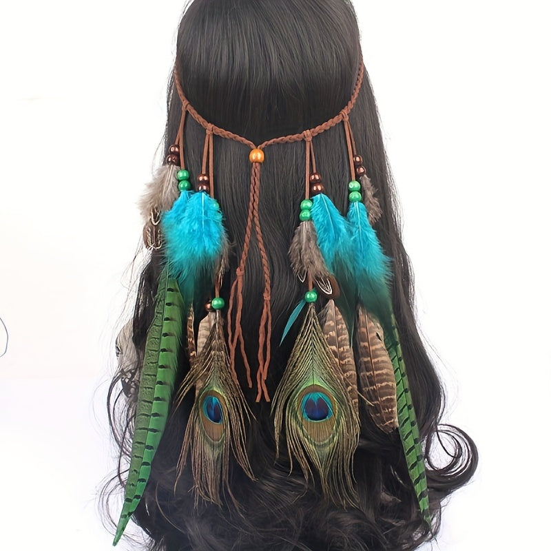 Boho Feather Hair Rope Western Headband Hippie Style Accessory