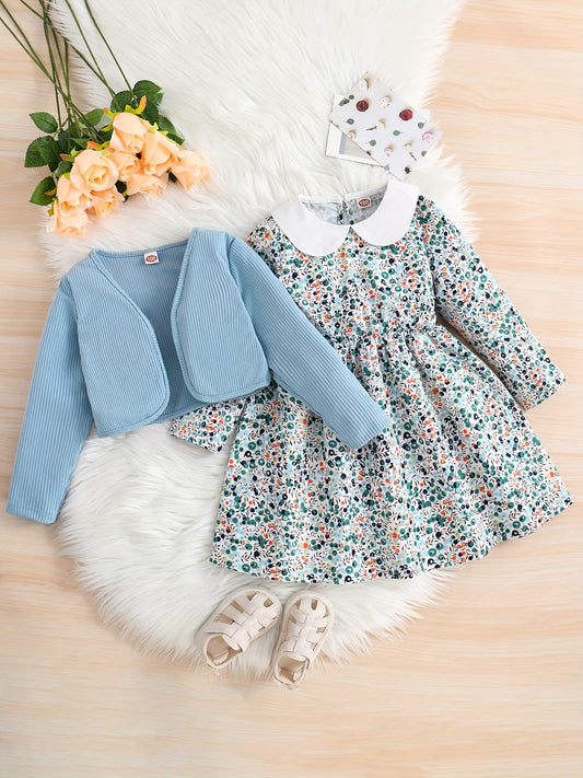 Girls 2pcs Long Sleeve Dress & Ribbed Cardigan Coat Set