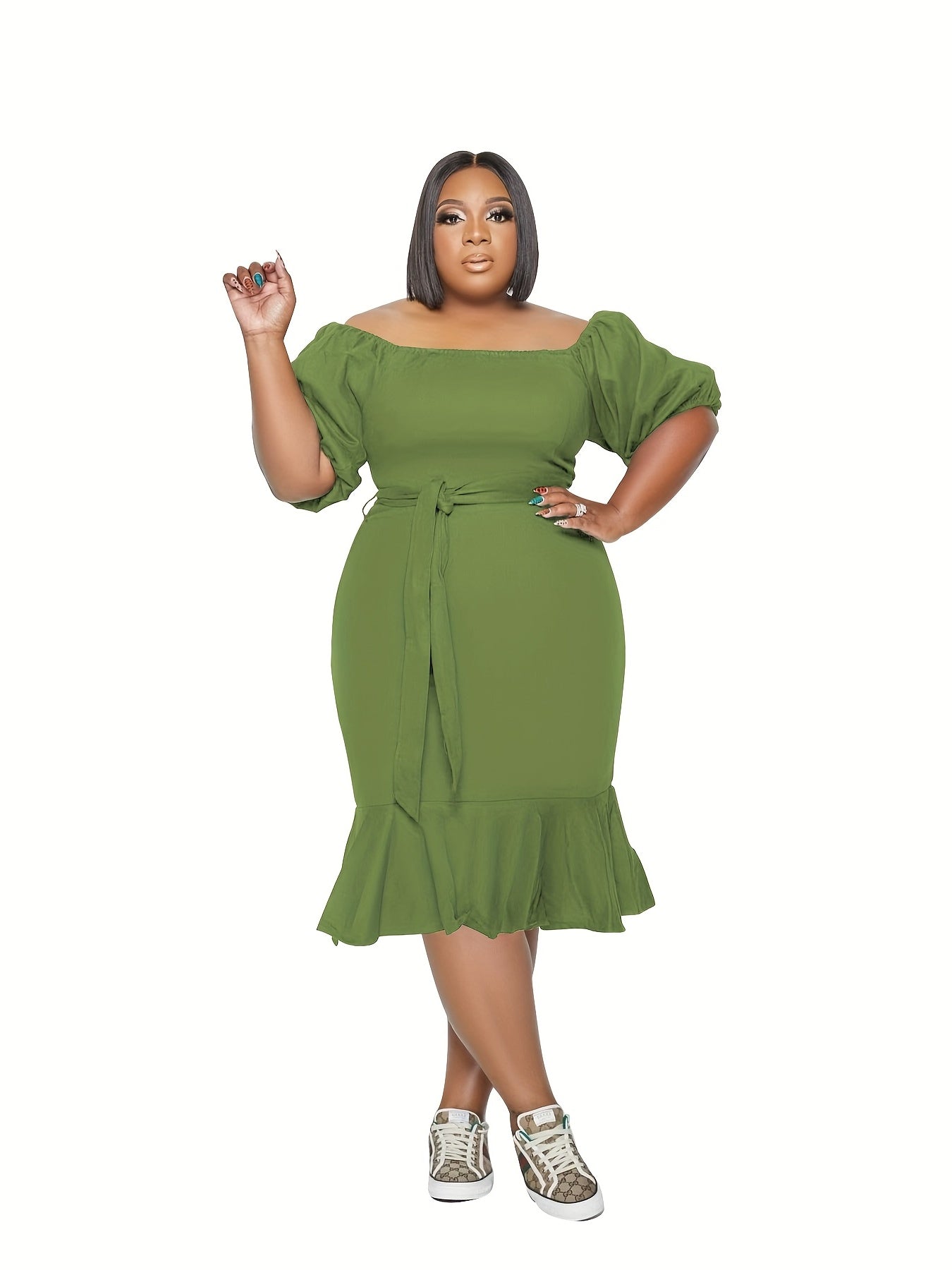  Solid Off Shoulder Bubble Sleeve Dress