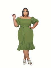  Solid Off Shoulder Bubble Sleeve Dress