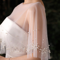 Pearl Adorned Bridal Shawl Tulle Cape with Sheer Sleeves
