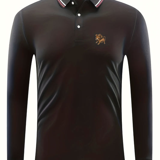 Men's Lion Print Polo Shirt Casual Breathable Long Sleeve Shirt
