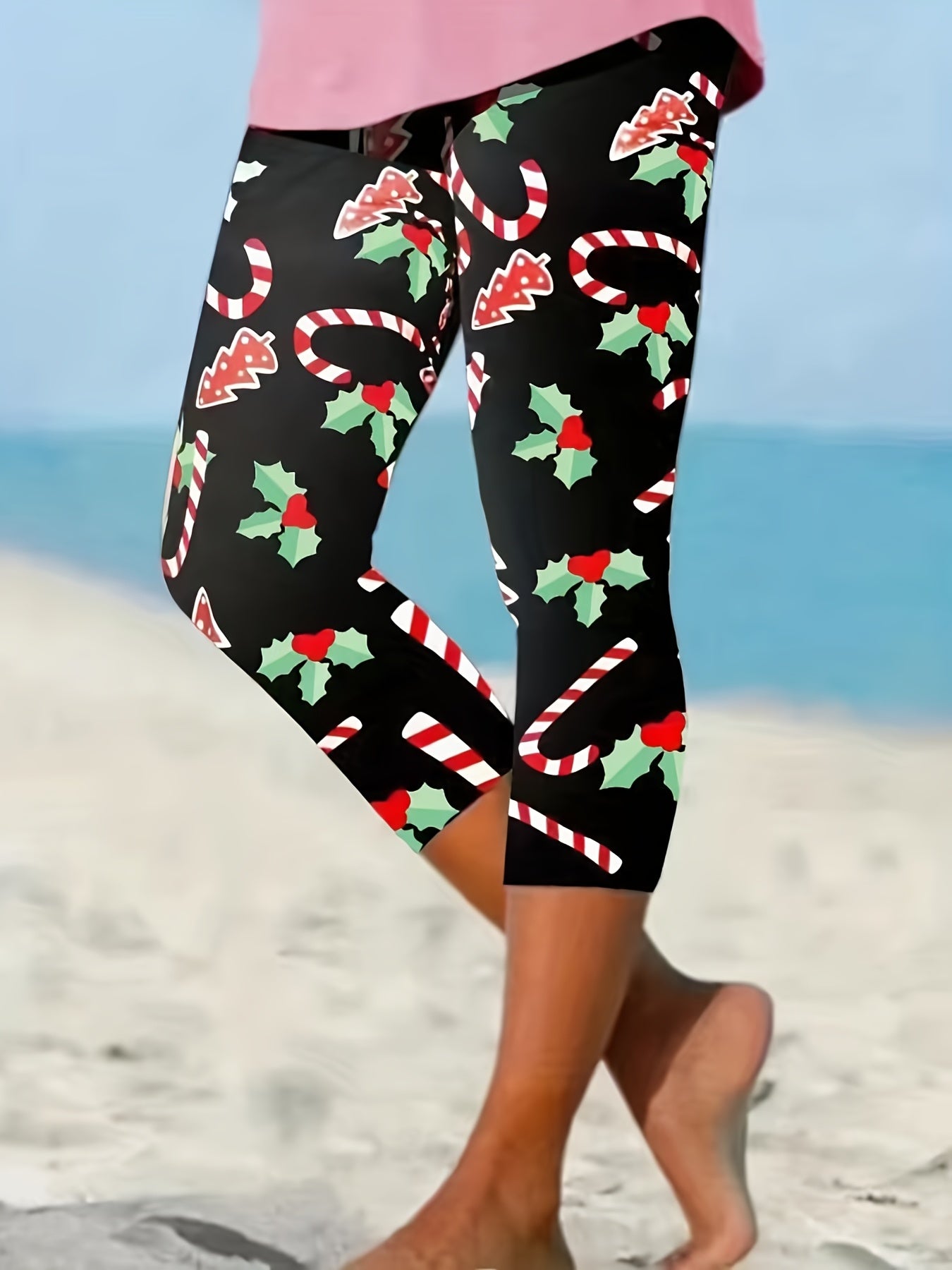 Christmas Print Skinny Capris Leggings Elastic Waist Cropped Leggings