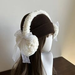 Japanese Style Fluffy Ear Muffs with Lace Bow Heart Shaped Earmuffs