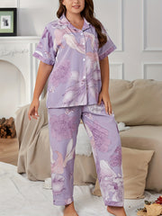  Floral Print Pajama Set Short Sleeve Button Up Shirt & Pants