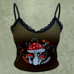  Sexy Cami Top Mushroom Print Contrast Lace Trim V Neck Slight Stretch
