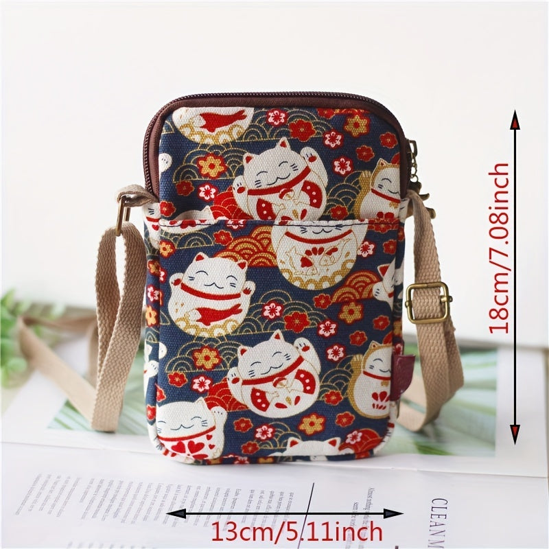 Cartoon Animal Print Phone Bag Lightweight Portable Canvas Crossbody Bag
