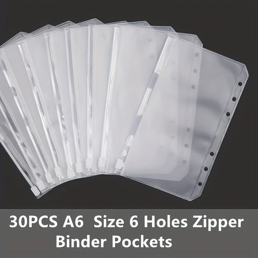 30pcs A6 Binder Pocket 6 Holes Budget Envelopes Clear Zipper Ring Bag