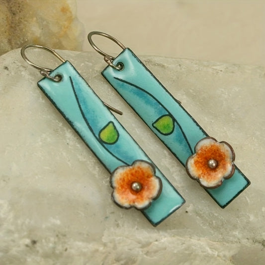 Boho Vintage Geometric Triangle Floral Drop Dangle Earrings 925 Silver Plated