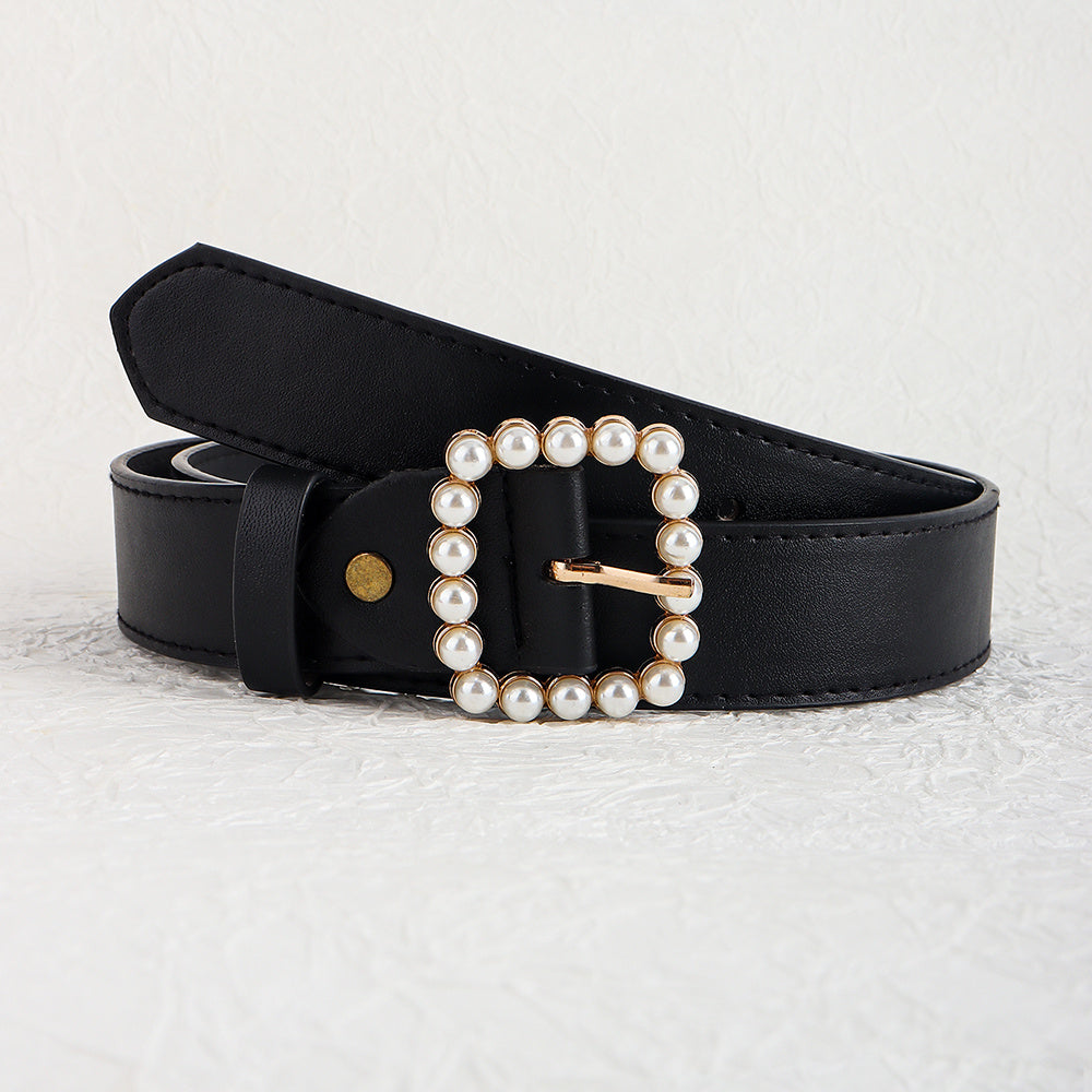 Faux Pearls Buckle Belt Women's Pants Belt Wide Pin Buckle Waistband