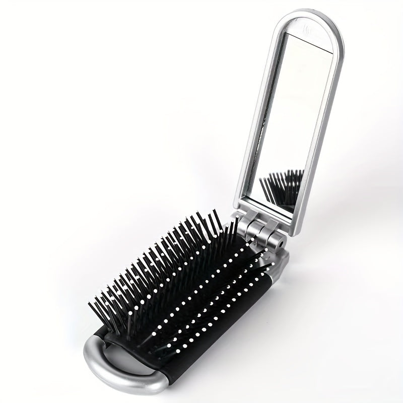 2-In-1 Foldable Hair Brush & Mirror - Compact Portable Hair Comb