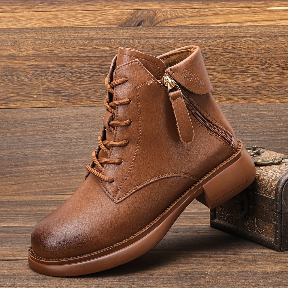 Women's Chunky Heel Lace-Up Boots Side Zipper Comfortable Outdoor