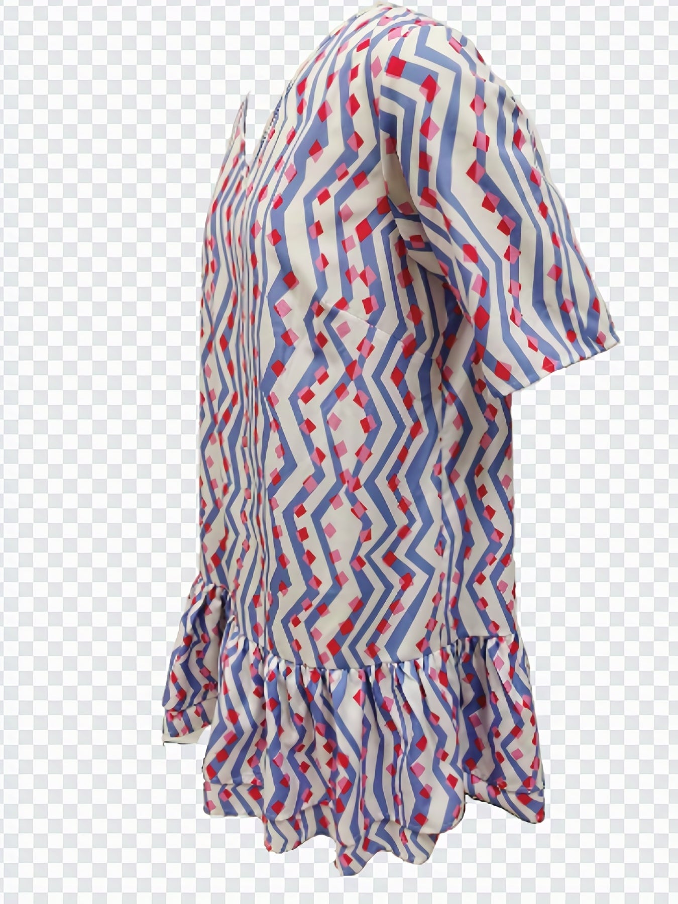  Colorblock Geometric Print V Neck Ruffle Dress