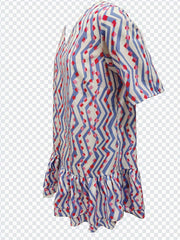  Colorblock Geometric Print V Neck Ruffle Dress
