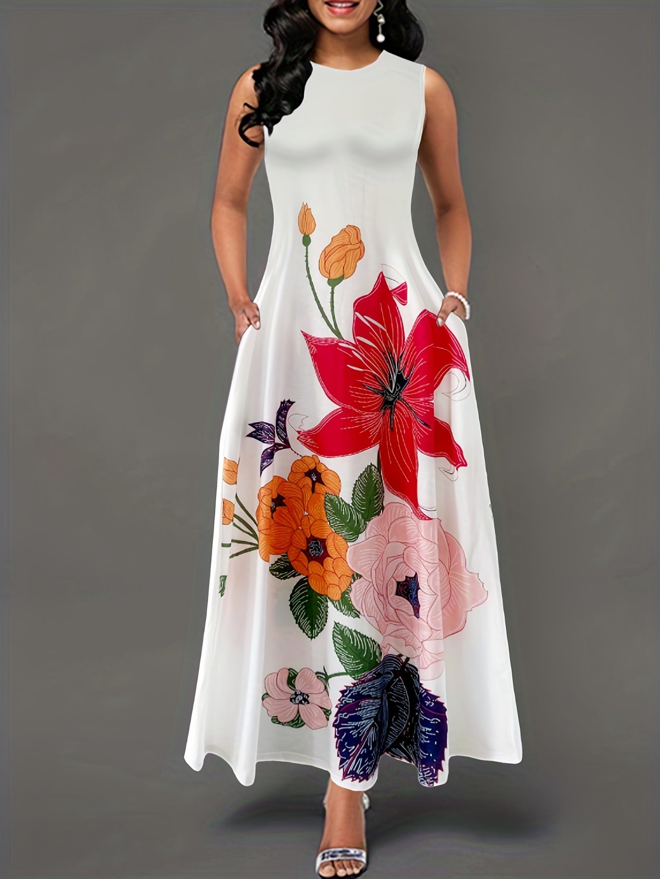  Floral Print Maxi Tank Dress with Pockets