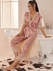 Lace Satin Pajama Set Short Sleeve Robe Women's Sleepwear